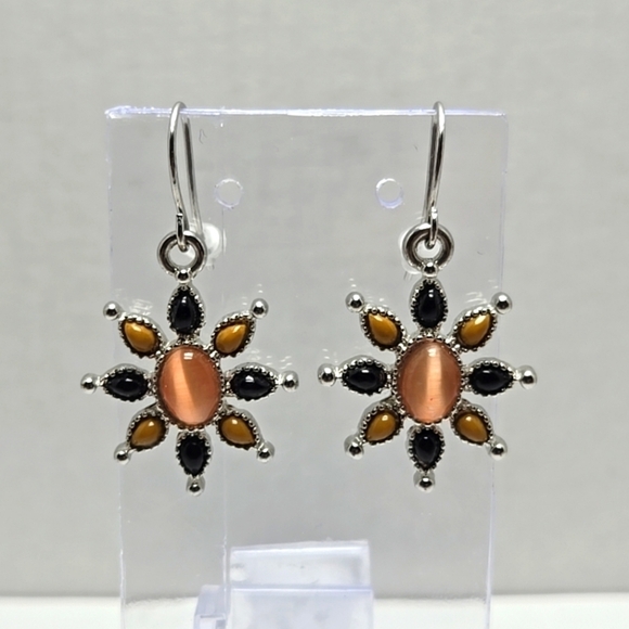 Chaps Jewelry - Vintage CHAPS Silvertone Flower Dangle Pierced Earrings Black Taupe Brown Stone